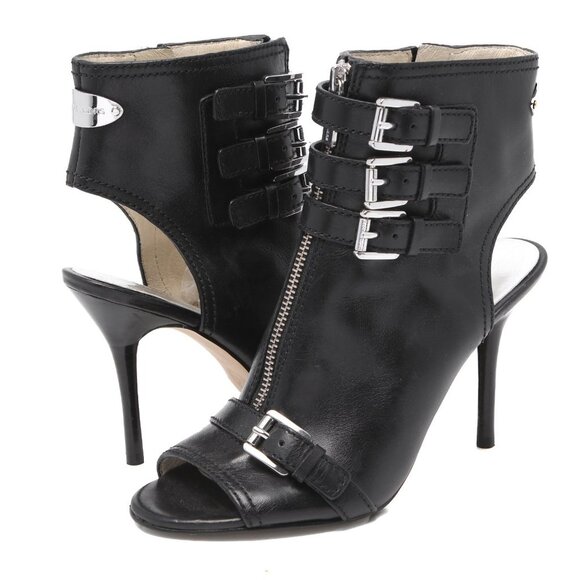 Michael Kors Black Leather Peep Toe Ankle Booties Shooties Zip Stiletto Goth - Picture 2 of 13